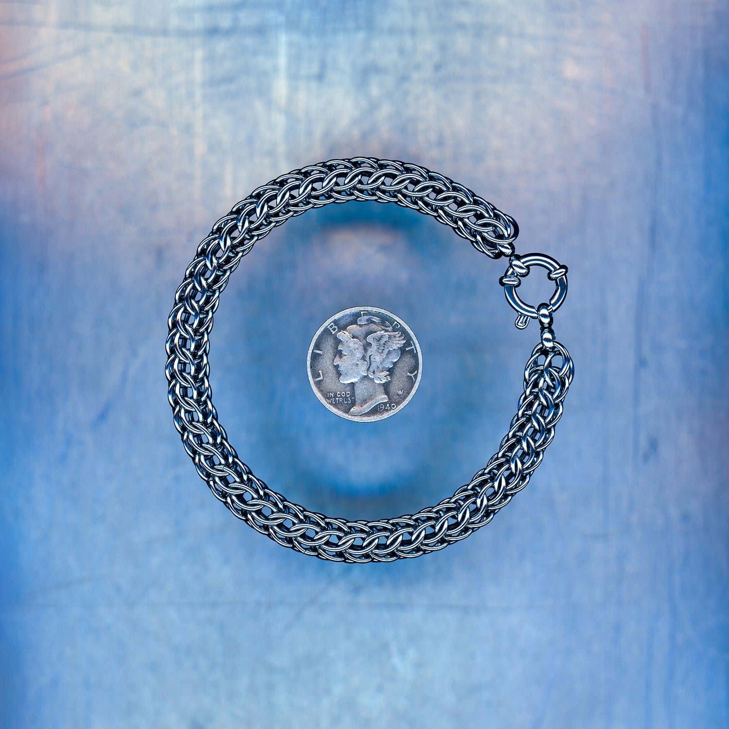 PRODUCT SHOT CLOSEUP SCAN OF AFTERGLOW CORE BRACELET 304 STAINLESS STEEL CHAIN MAILLE JEWELRY FULL PERSIAN 6 IN 1 MEDIUM WEAVE