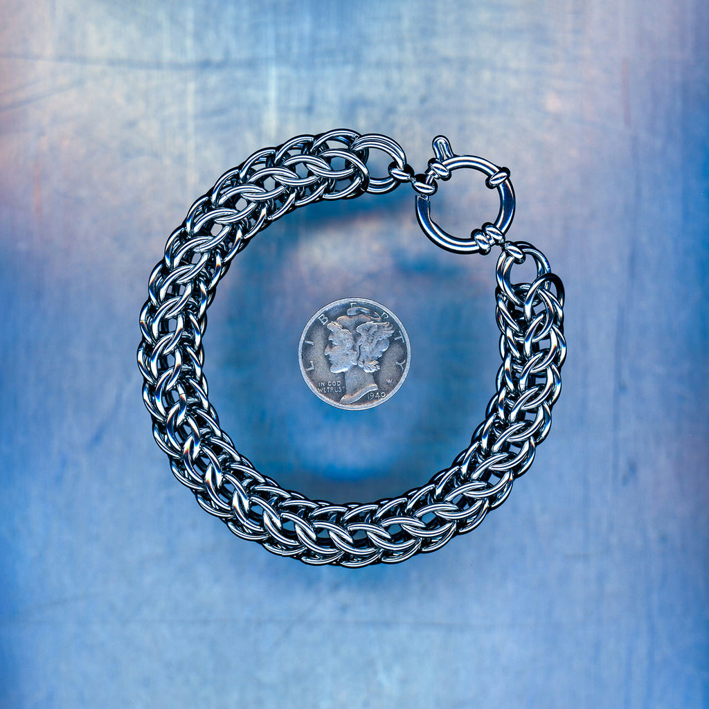 PRODUCT SHOT CLOSEUP SCAN OF AFTERGLOW VOID BRACELET WET 304 STAINLESS STEEL CHAIN MAILLE JEWELRY FULL PERSIAN 6 IN 1 EXTRA LARGE WEAVE