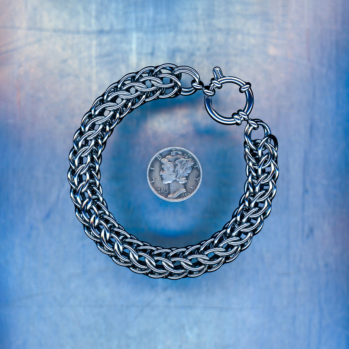 PRODUCT SHOT CLOSEUP SCAN OF AFTERGLOW VOID BRACELET WET 304 STAINLESS STEEL CHAIN MAILLE JEWELRY FULL PERSIAN 6 IN 1 EXTRA LARGE WEAVE