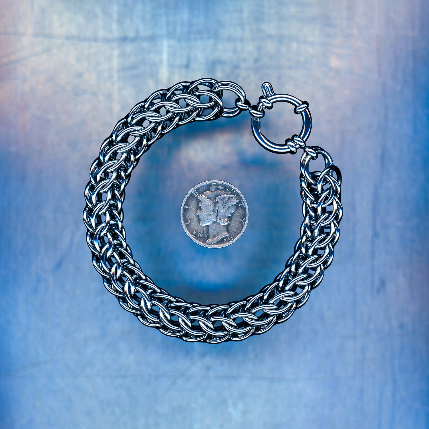 PRODUCT SHOT CLOSEUP SCAN OF AFTERGLOW VOID BRACELET WET 304 STAINLESS STEEL CHAIN MAILLE JEWELRY FULL PERSIAN 6 IN 1 EXTRA LARGE WEAVE
