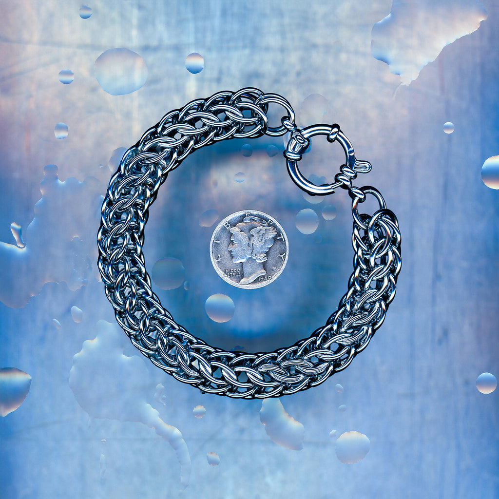 PRODUCT SHOT CLOSEUP SCAN OF AFTERGLOW VOID BRACELET WET 304 STAINLESS STEEL CHAIN MAILLE JEWELRY FULL PERSIAN 6 IN 1 EXTRA LARGE WEAVE