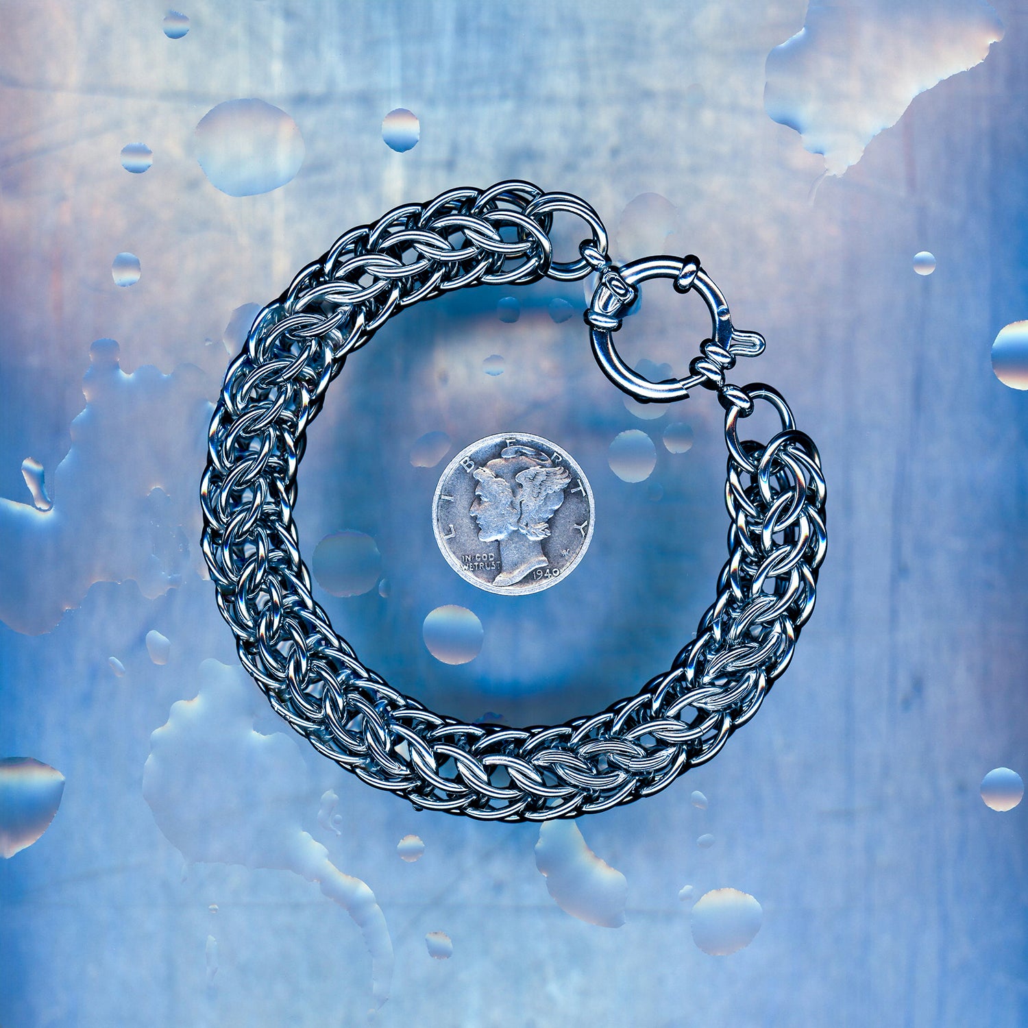 PRODUCT SHOT CLOSEUP SCAN OF AFTERGLOW VOID BRACELET WET 304 STAINLESS STEEL CHAIN MAILLE JEWELRY FULL PERSIAN 6 IN 1 EXTRA LARGE WEAVE