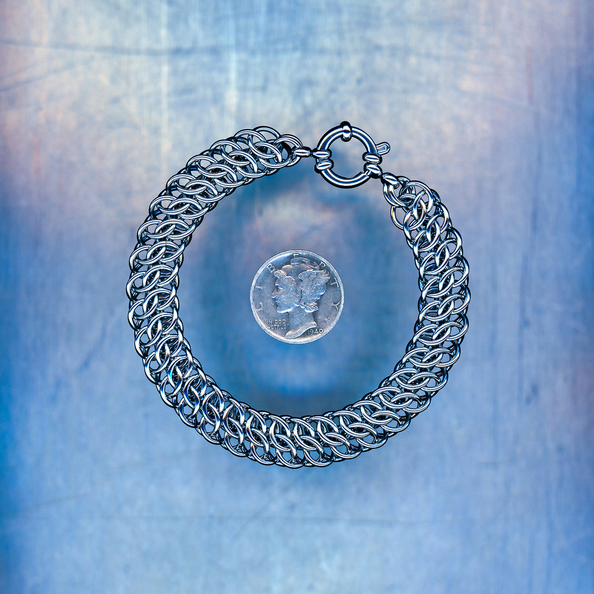 PRODUCT SHOT CLOSEUP SCAN OF BACKUP WAVE BRACELET 304 STAINLESS STEEL CHAIN MAILLE JEWELRY GREAT SOUTHERN GATHERING WEAVE GSG WEAVE