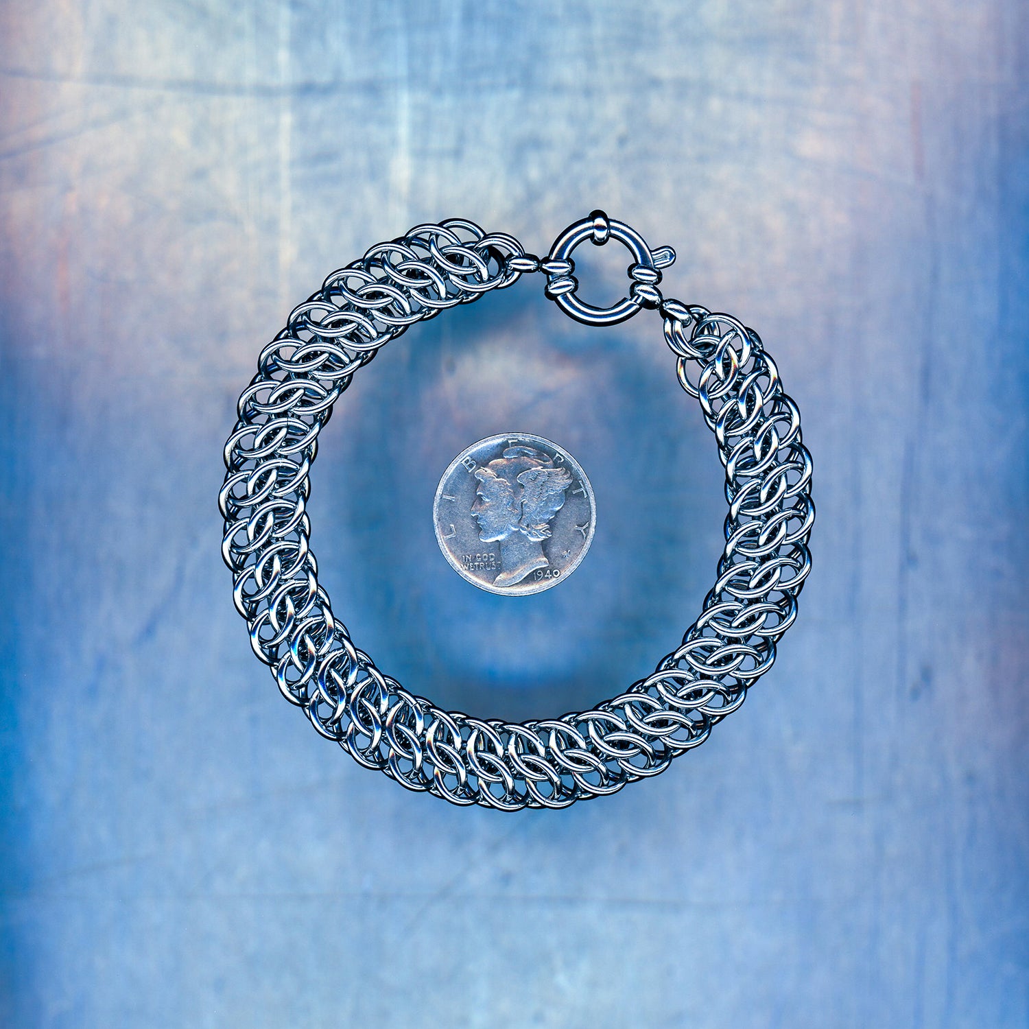 PRODUCT SHOT CLOSEUP SCAN OF BACKUP WAVE BRACELET 304 STAINLESS STEEL CHAIN MAILLE JEWELRY GREAT SOUTHERN GATHERING WEAVE GSG WEAVE
