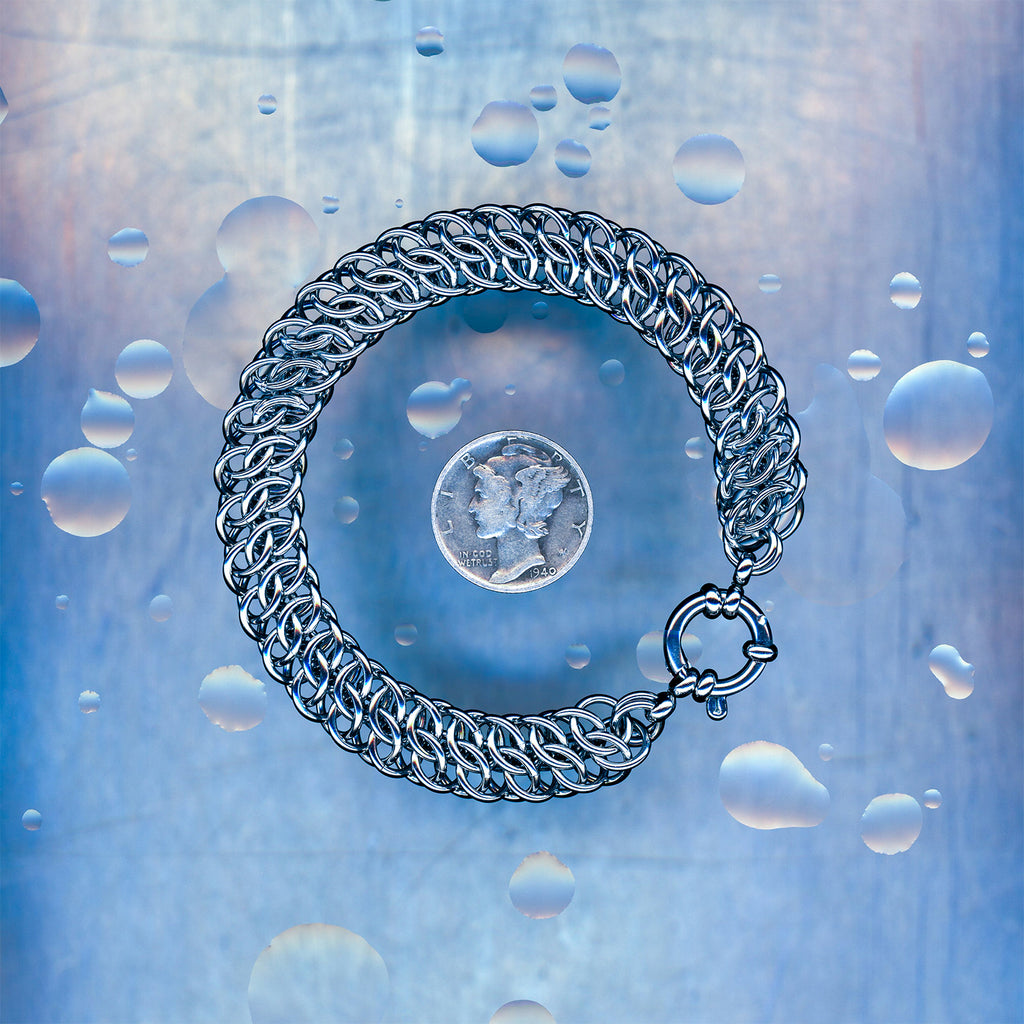 PRODUCT SHOT CLOSEUP SCAN OF BACKUP WAVE BRACELET 304 STAINLESS STEEL CHAIN MAILLE JEWELRY GREAT SOUTHERN GATHERING WEAVE GSG WEAVE