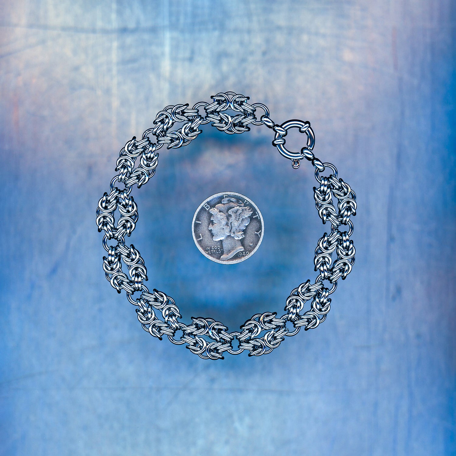 PRODUCT SHOT CLOSEUP SCAN OF BIT CRUSH CORE BRACELET 304 STAINLESS STEEL CHAIN MAILLE JEWELRY BYZANTINE UNITS SMALL WEAVE MEDIUM BRACELET