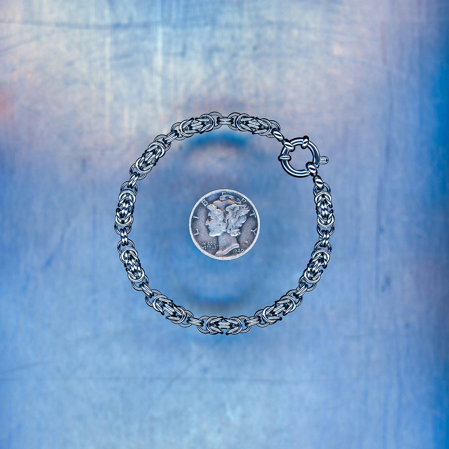 PRODUCT SHOT CLOSEUP SCAN OF GHOSTED LINK BRACELET 304 STAINLESS STEEL CHAIN MAILLE JEWELRY BYZANTINE UNITS SMALL WEAVE