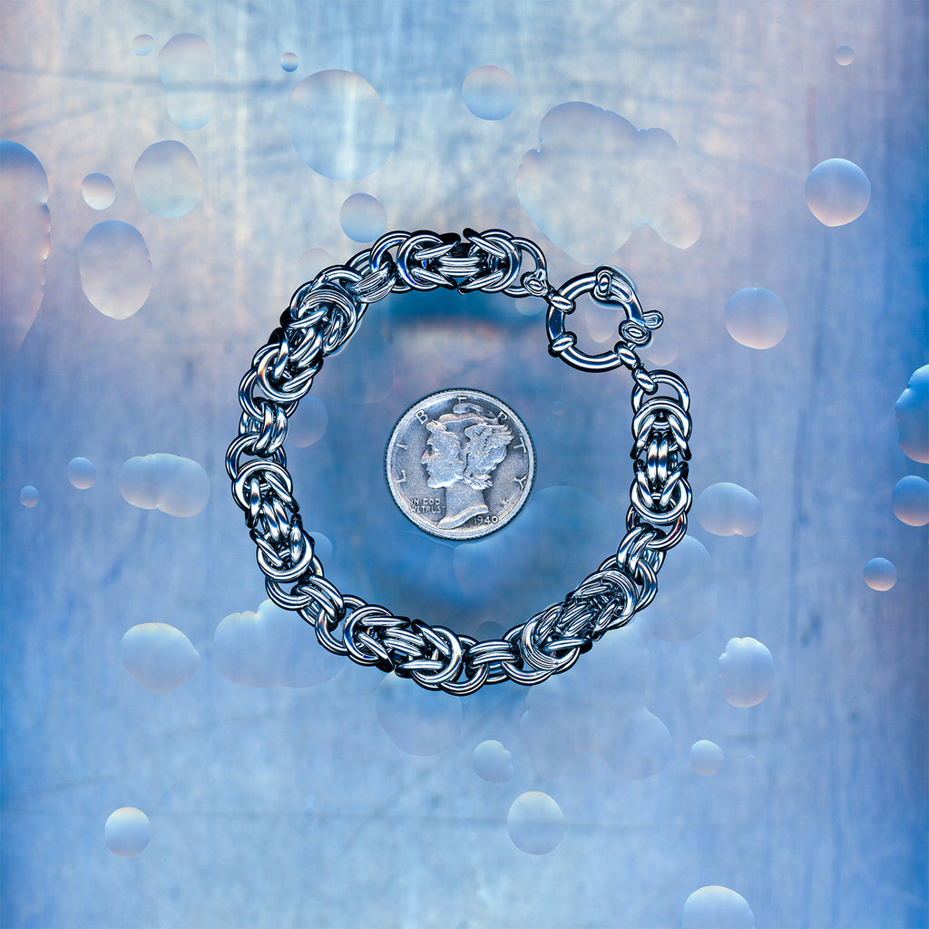 PRODUCT SHOT CLOSEUP SCAN OF GHOSTED WAVE BRACELET 304 STAINLESS STEEL CHAIN MAILLE JEWELRY BYZANTINE WEAVE UNITS