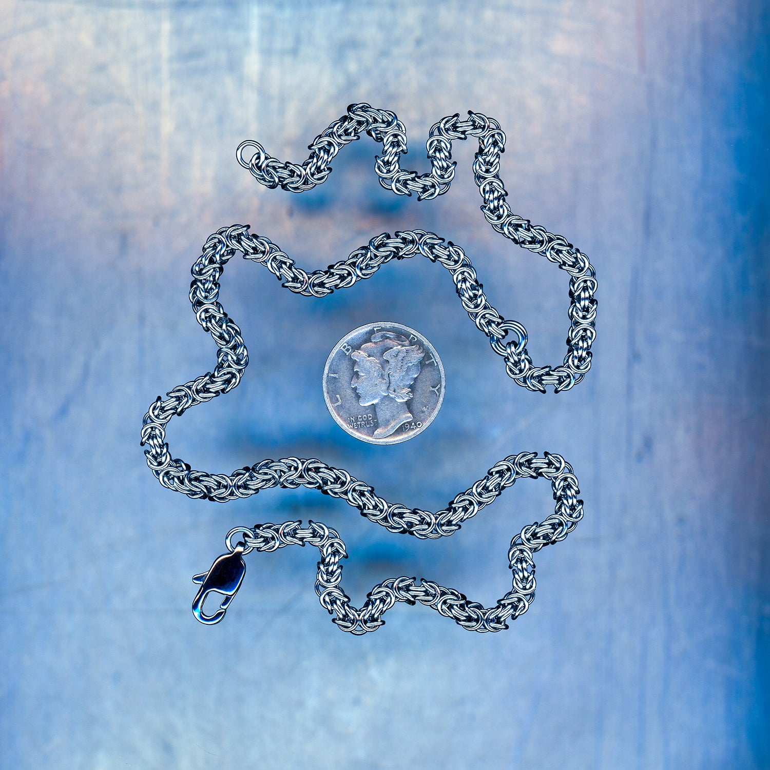 PRODUCT SHOT CLOSEUP SCAN OF GHOST BYTE NECKLACE 304 STAINLESS STEEL CHAIN MAILLE JEWELRY XS BYZANTINE WEAVE