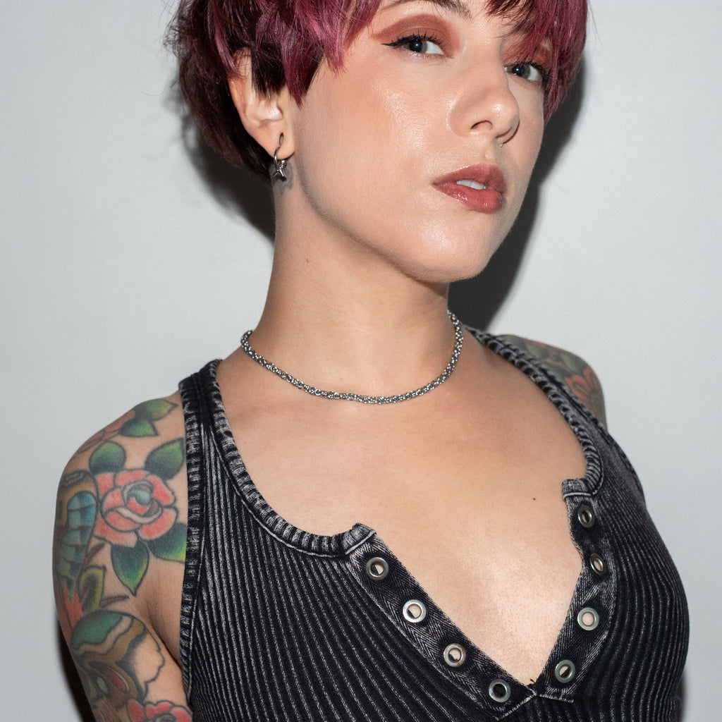 MODEL WEARING GHOST BYTE NECKLACE.  CHAIN MAILLE JEWELRY.