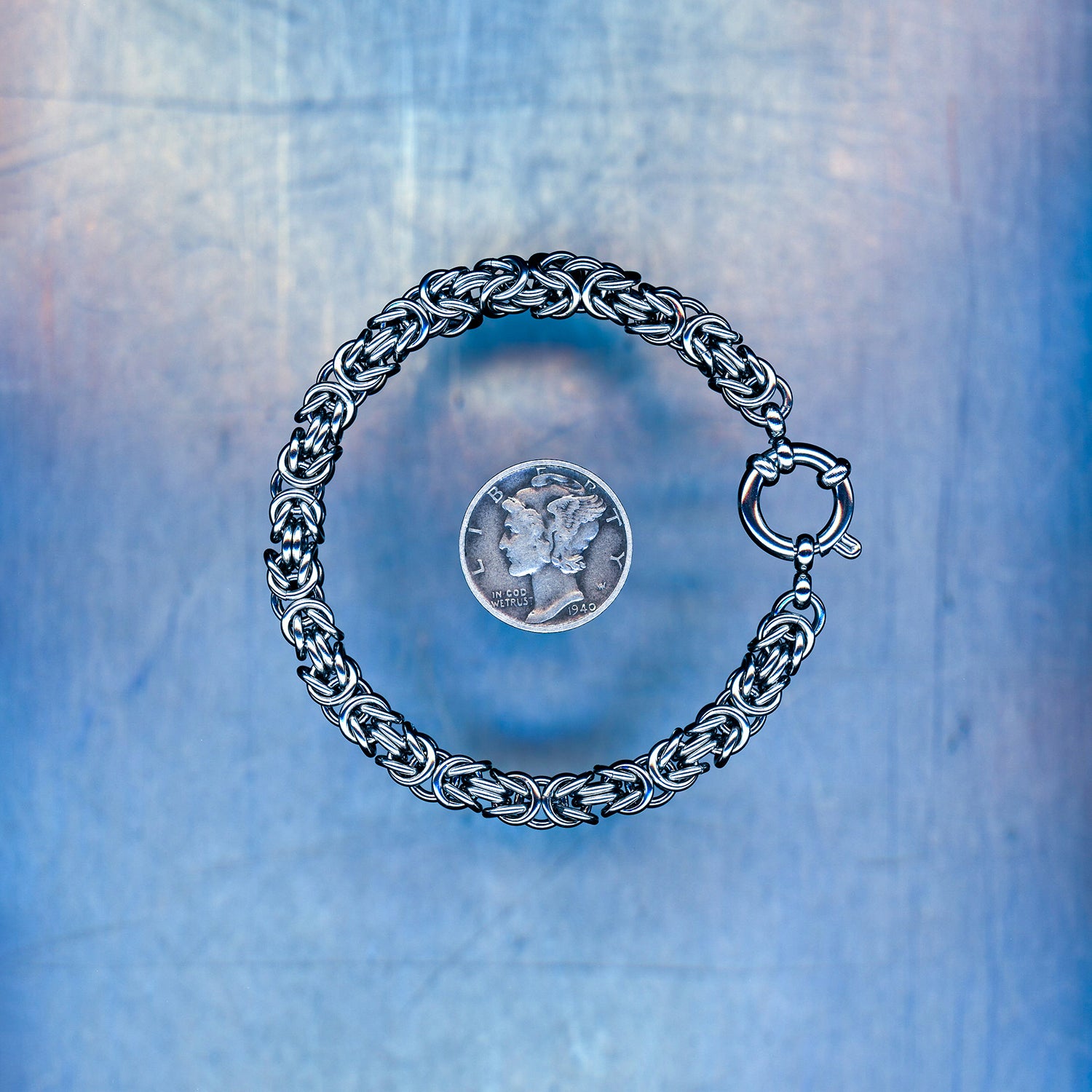 PRODUCT SHOT CLOSEUP SCAN OF GHOST CORE BRACELET 304 STAINLESS STEEL CHAIN MAILLE JEWELRY MEDIUM BYZANTINE WEAVE