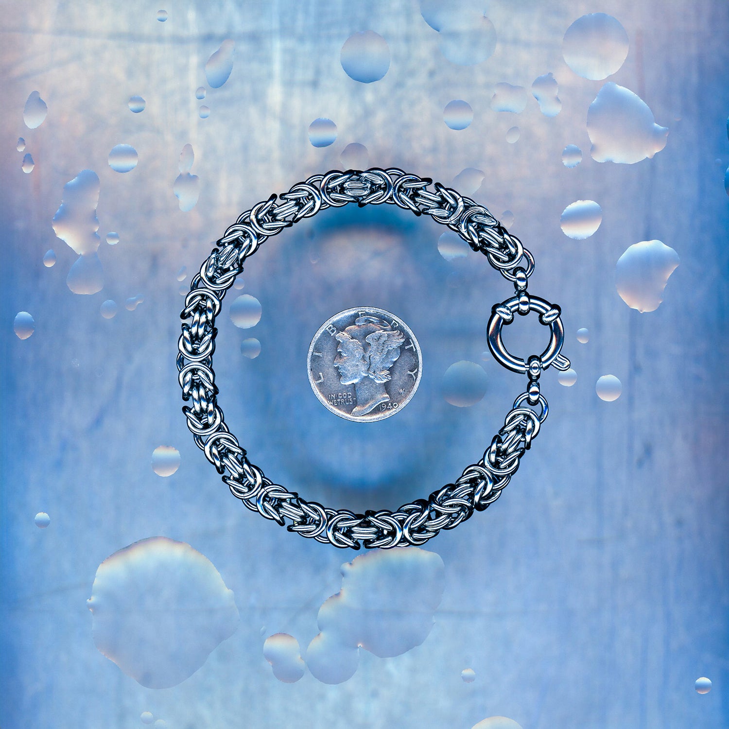 PRODUCT SHOT CLOSEUP SCAN OF GHOST CORE BRACELET 304 STAINLESS STEEL CHAIN MAILLE JEWELRY MEDIUM BYZANTINE WEAVE