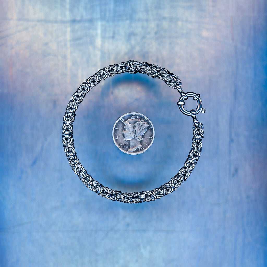 PRODUCT SHOT CLOSEUP SCAN OF GHOST LINK BRACELET 304 STAINLESS STEEL CHAIN MAILLE JEWELRY BYZANTINE SMALL WEAVE