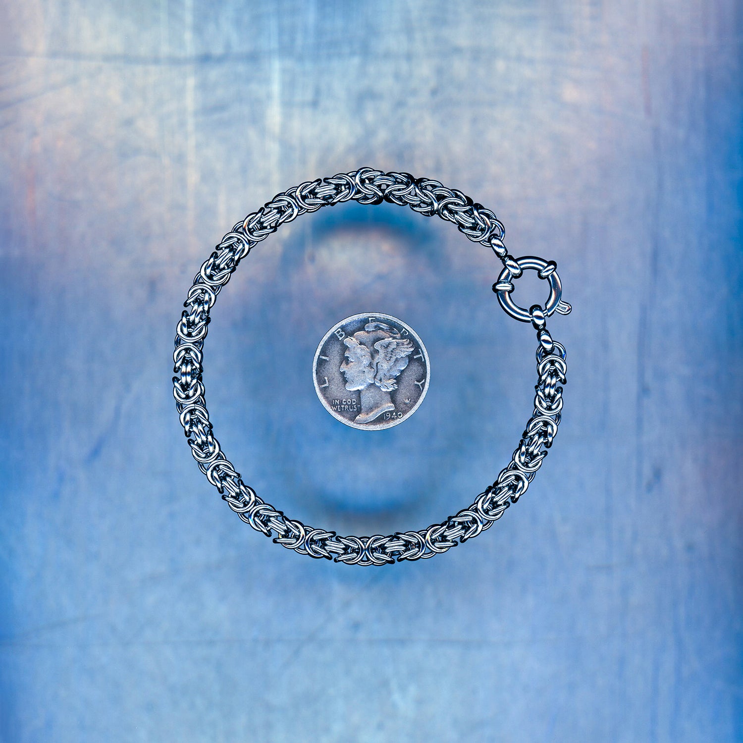 PRODUCT SHOT CLOSEUP SCAN OF GHOST LINK BRACELET 304 STAINLESS STEEL CHAIN MAILLE JEWELRY BYZANTINE SMALL WEAVE