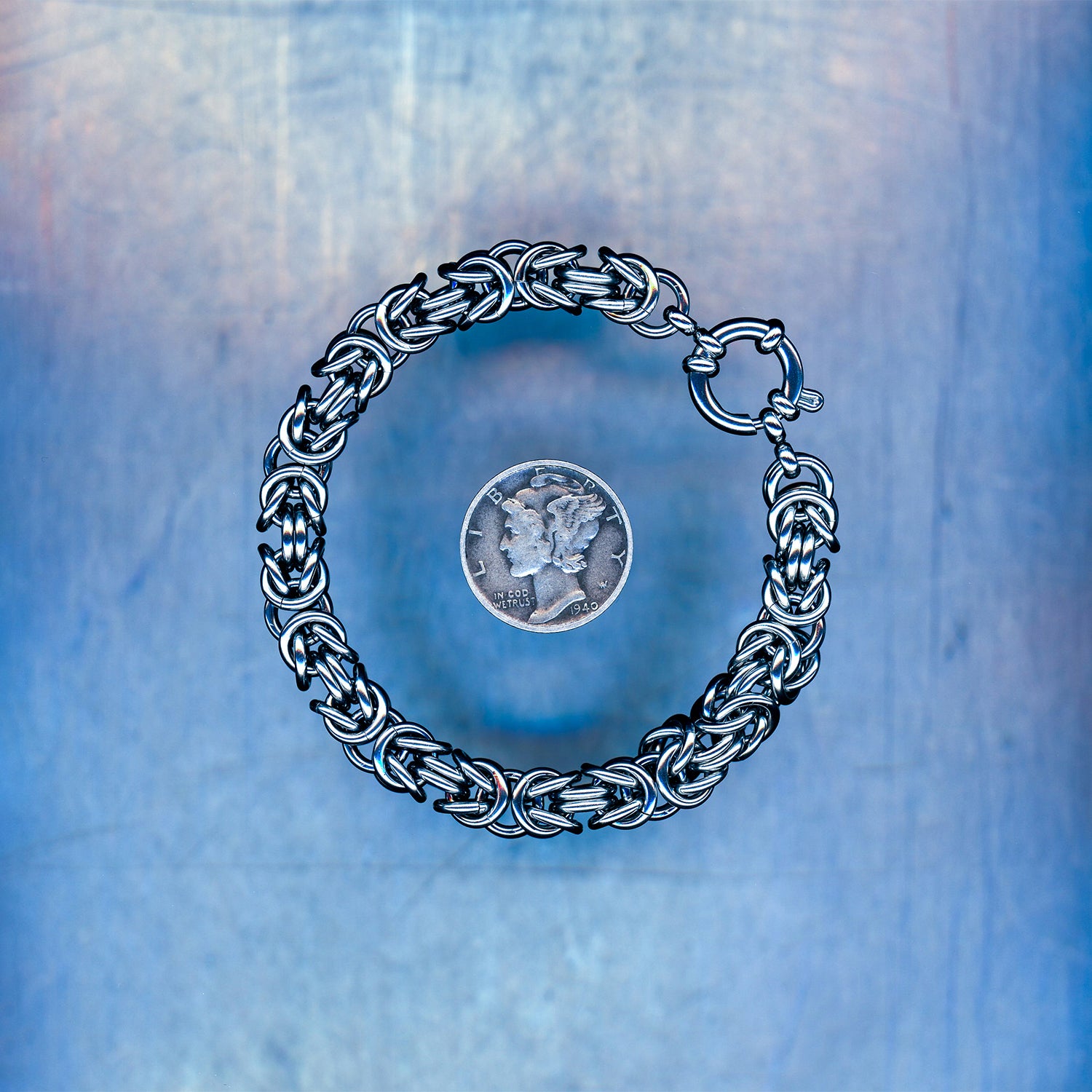 PRODUCT SHOT CLOSEUP SCAN OF GHOST WAVE BRACELET 304 STAINLESS STEEL CHAIN MAILLE JEWELRY BYZANTINE LARGE WEAVE