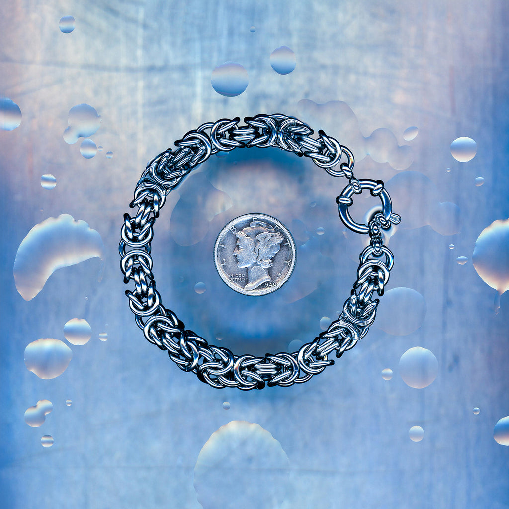 PRODUCT SHOT CLOSEUP SCAN OF GHOST WAVE BRACELET 304 STAINLESS STEEL CHAIN MAILLE JEWELRY BYZANTINE LARGE WEAVE