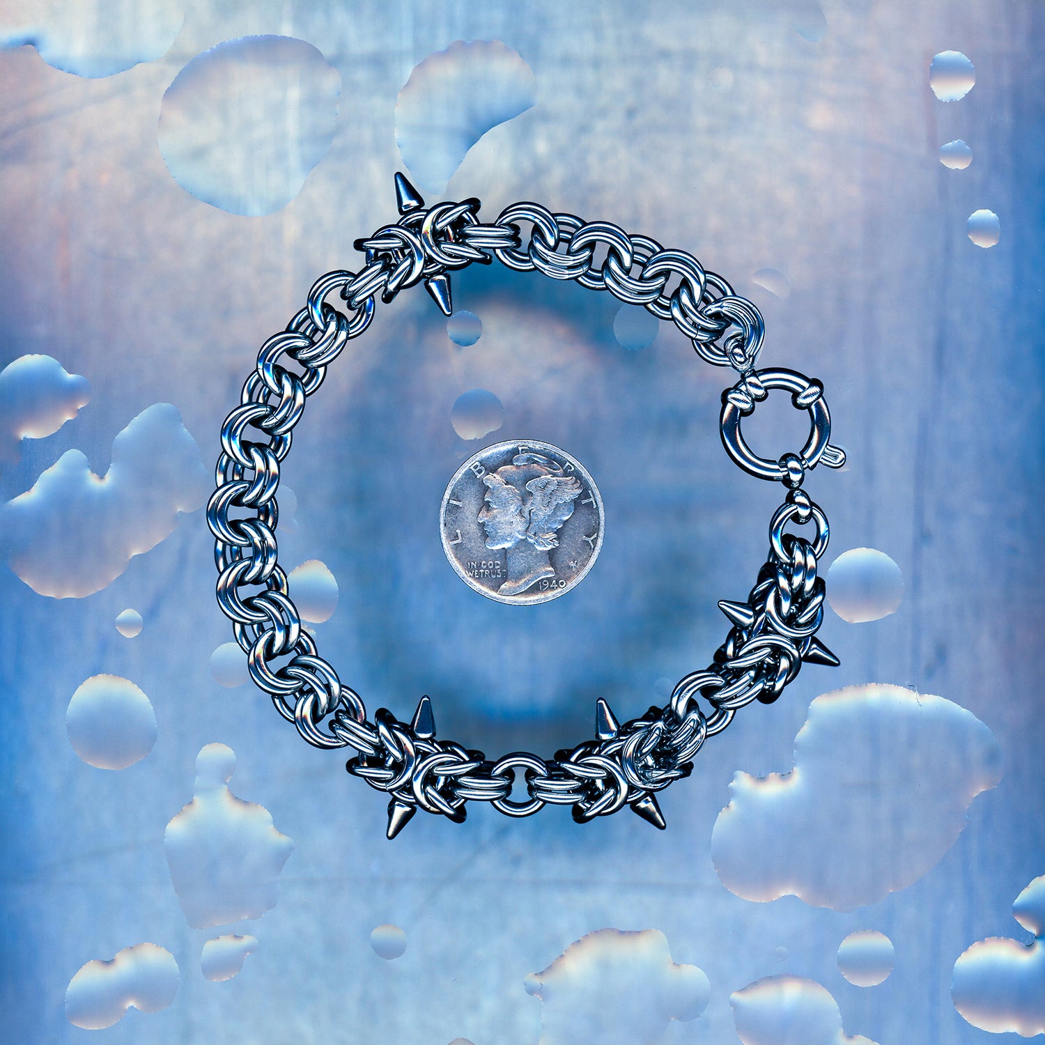 PRODUCT SHOT CLOSEUP SCAN OF LAST BYTE WAVE BRACELET 304 STAINLESS STEEL CHAIN MAILLE JEWELRY BYZANTINE PLUS 2 IN 1 LARGE WEAVE