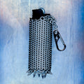 A snug European 4-in-1 chainmaille sleeve for your lighter, finished with dangling spikes that catch the eye. Made with 304 stainless steel. Hangs elegantly from a short chain with a lightning bolt clasp.