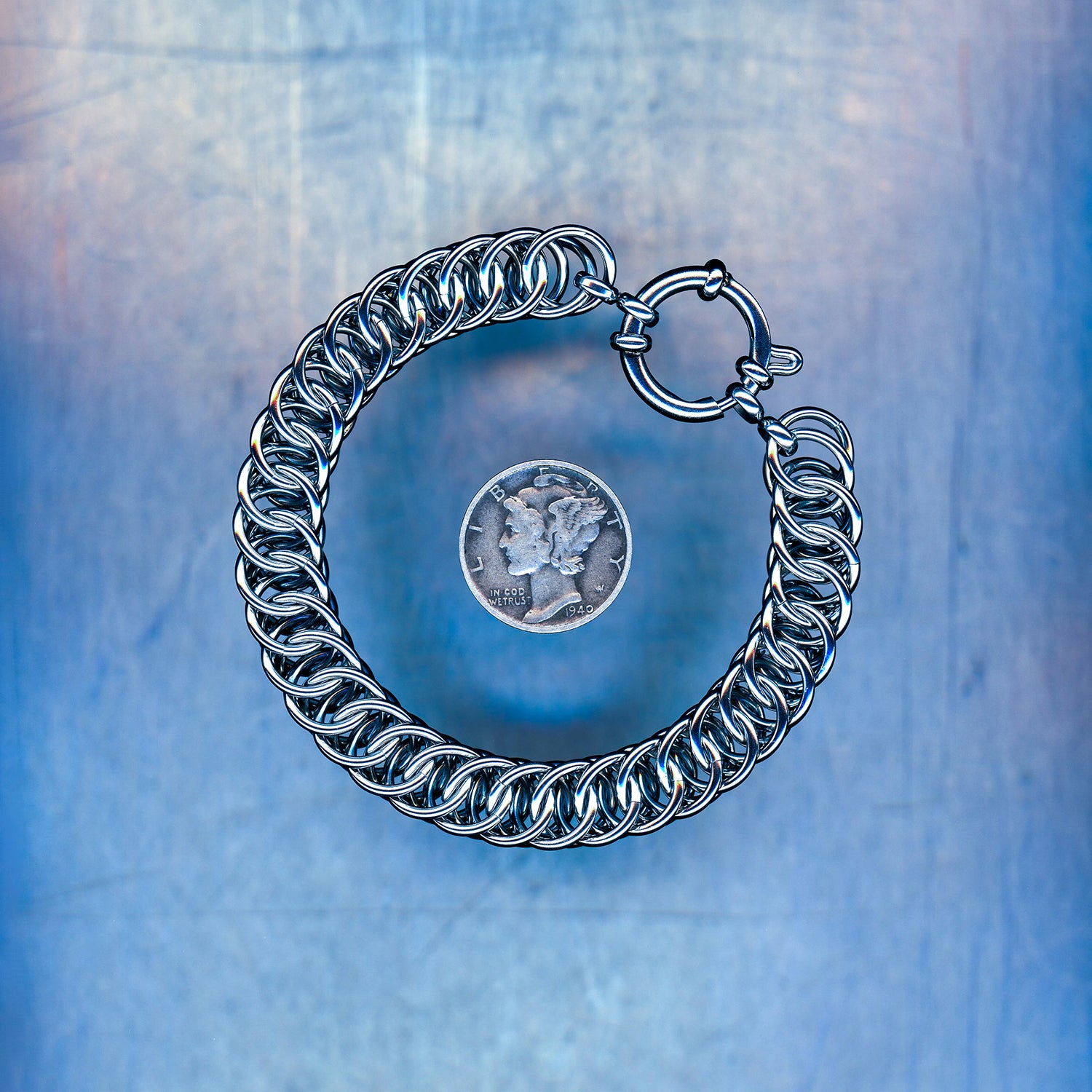 PRODUCT SHOT CLOSEUP SCAN OF OFFLINE VOID BRACELET 304 STAINLESS STEEL CHAIN MAILLE JEWELRY HALF PERSIAN 4 IN 1 WEAVE