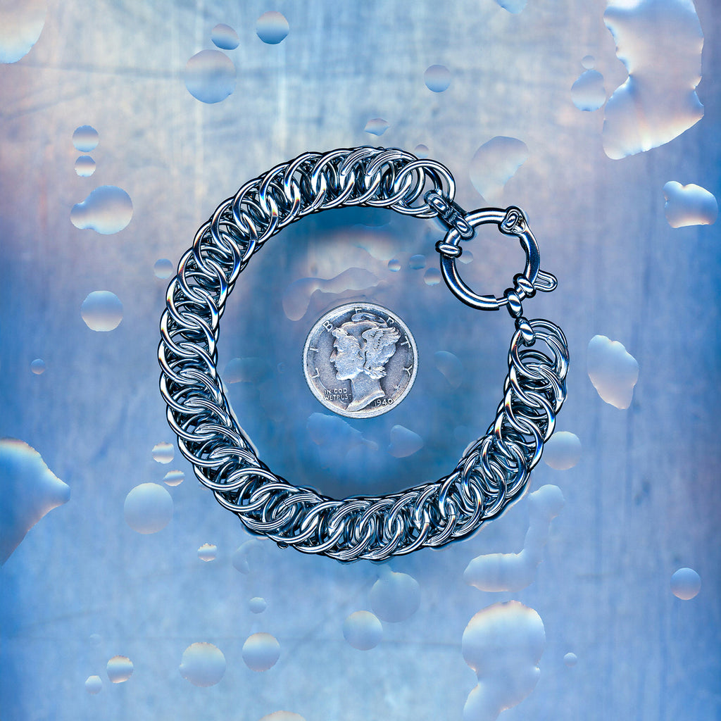 PRODUCT SHOT CLOSEUP SCAN OF OFFLINE VOID BRACELET 304 STAINLESS STEEL CHAIN MAILLE JEWELRY HALF PERSIAN 4 IN 1 WEAVE