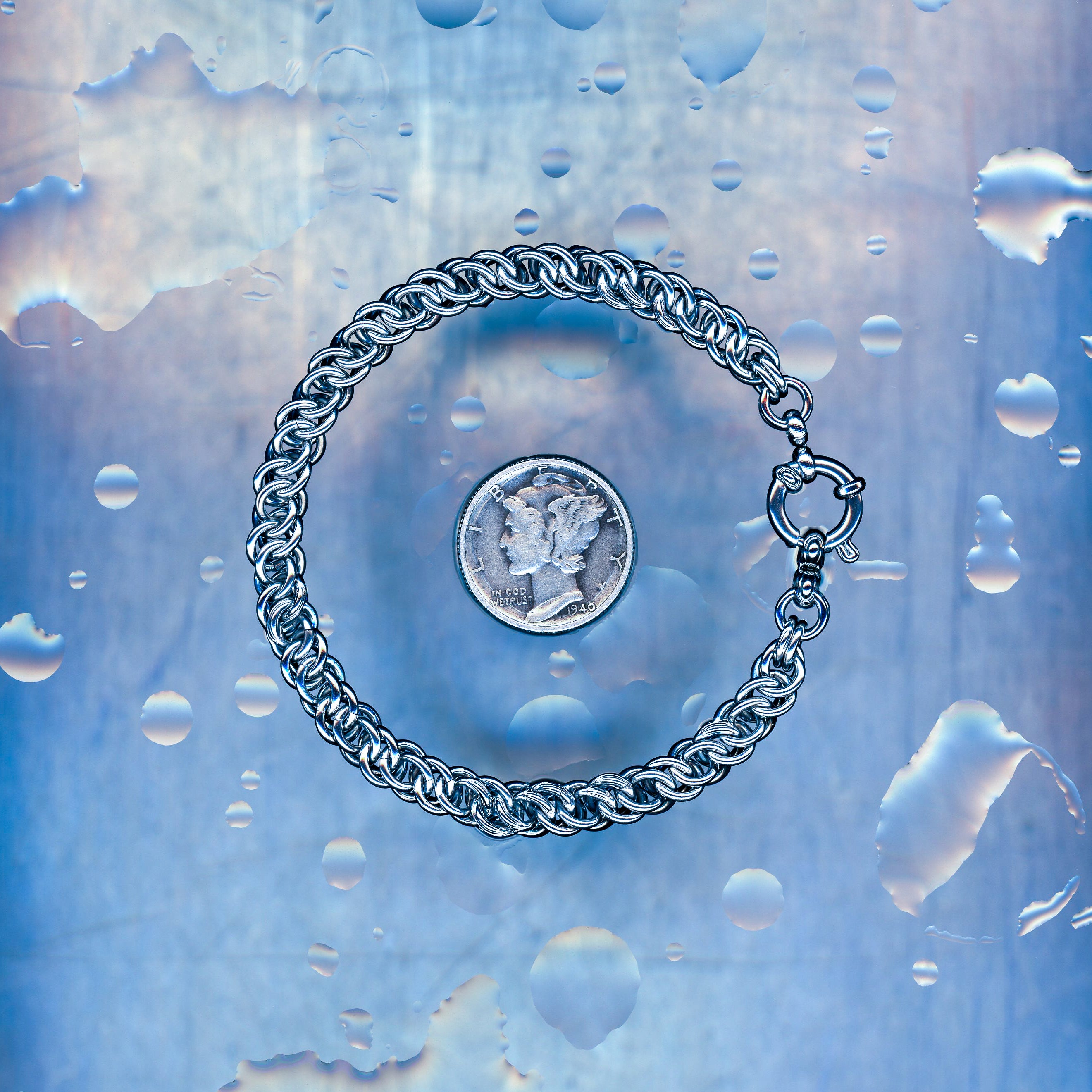 PRODUCT SHOT CLOSEUP SCAN OF PULSE LINK BRACELET 304 STAINLESS STEEL CHAIN MAILLE JEWELRY HALF PERSIAN SYMMETRICAL 3 IN 1 WEAVE