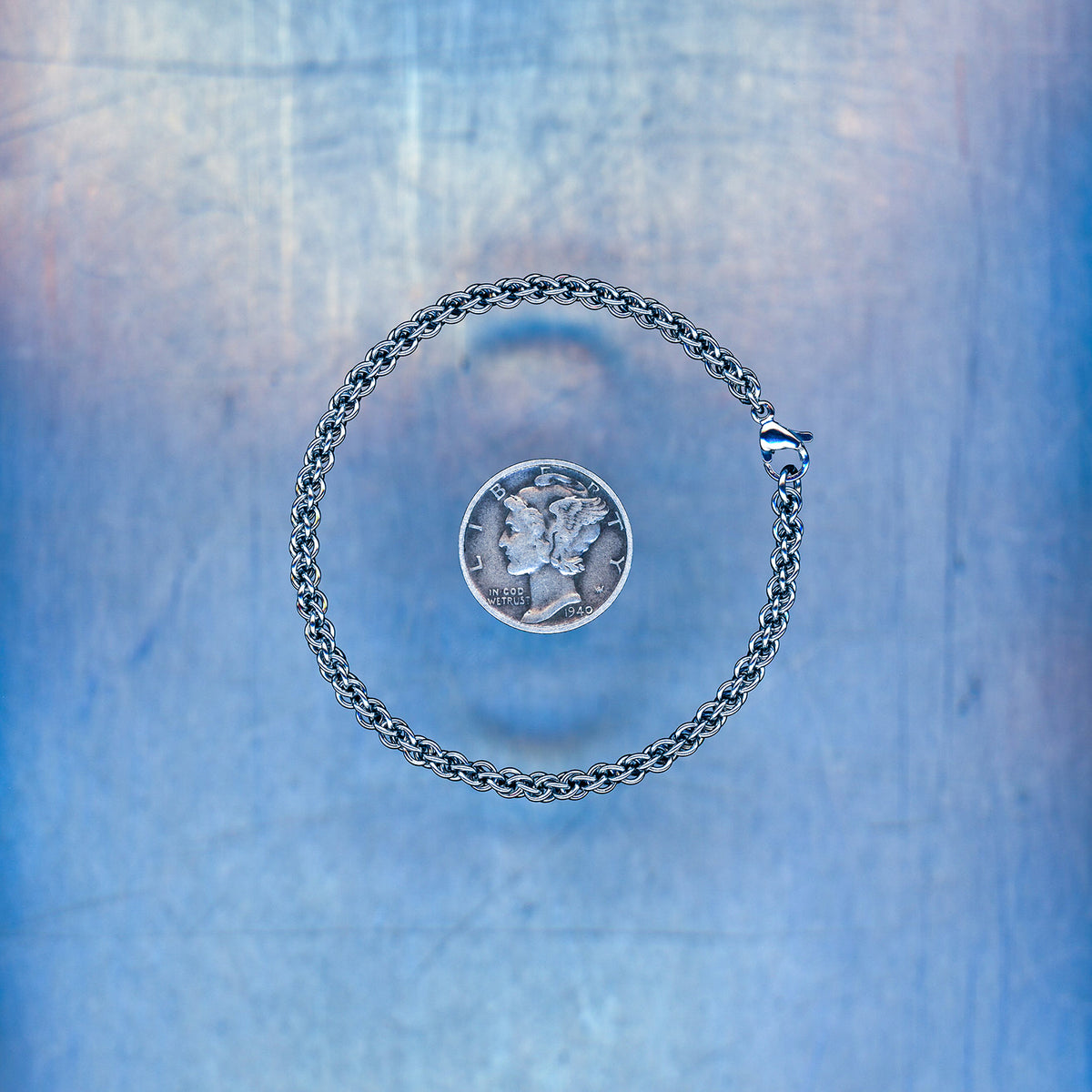 PRODUCT SHOT CLOSEUP SCAN OF TERMINAL BYTE BRACELET 304 STAINLESS STEEL CHAIN MAILLE JEWELRY JPL3 EXTRA SMALL WEAVE JENS PIND LINKAGE 3 EXTRA SMALL WEAVE