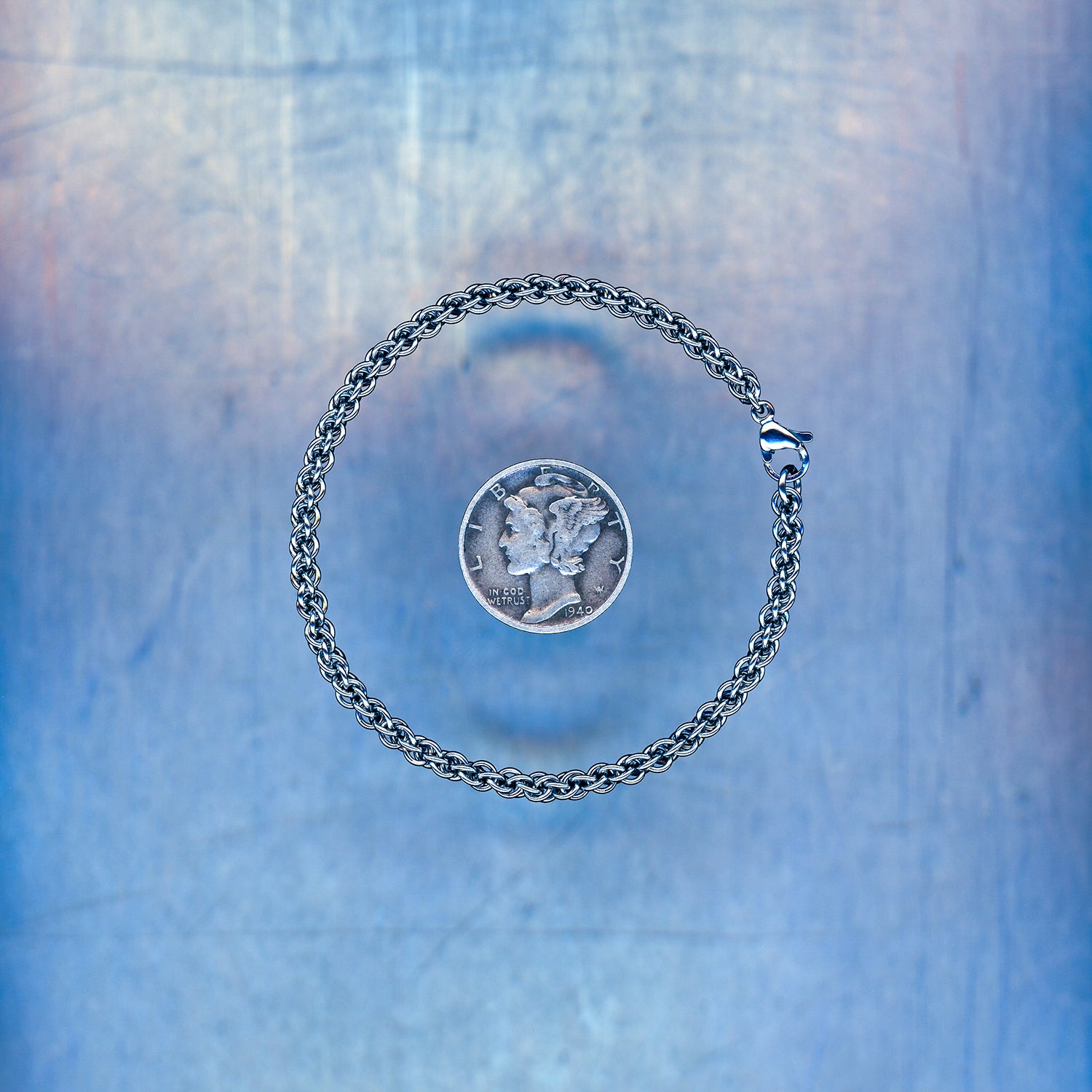 PRODUCT SHOT CLOSEUP SCAN OF TERMINAL BYTE BRACELET 304 STAINLESS STEEL CHAIN MAILLE JEWELRY JPL3 EXTRA SMALL WEAVE JENS PIND LINKAGE 3 EXTRA SMALL WEAVE