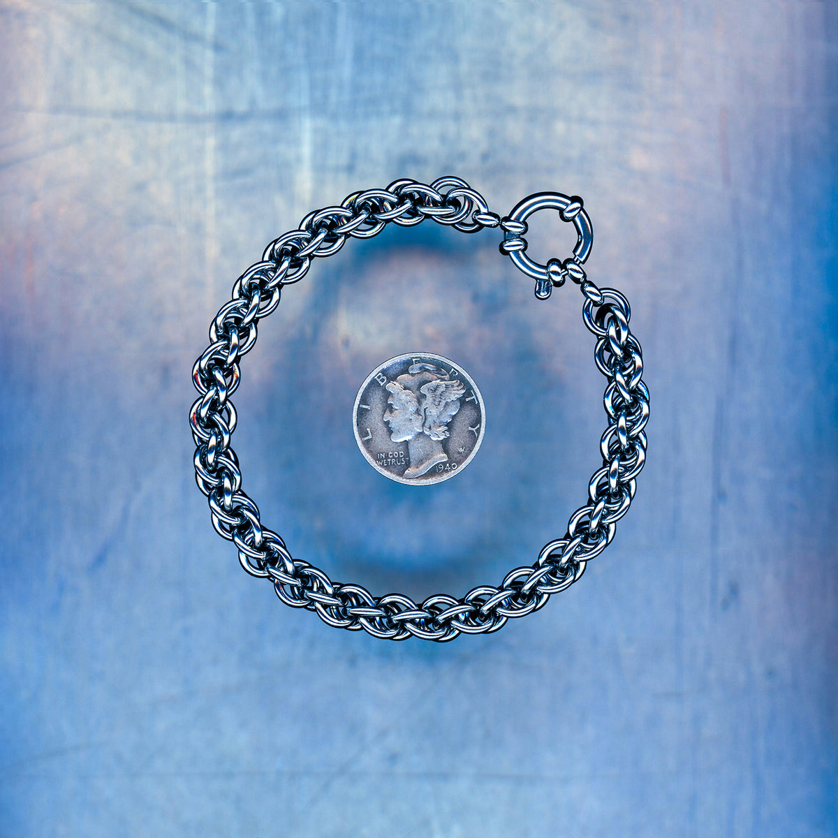 PRODUCT SHOT CLOSEUP SCAN OF TERMINAL CORE BRACELET 304 STAINLESS STEEL CHAIN MAILLE JEWELRY JPL3 MEDIUM WEAVE JENS PIND LINKAGE MEDIUM WEAVE