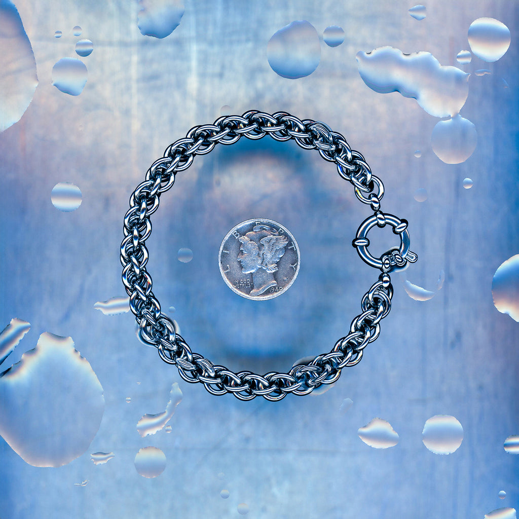 PRODUCT SHOT CLOSEUP SCAN OF TERMINAL CORE BRACELET 304 STAINLESS STEEL CHAIN MAILLE JEWELRY JPL3 MEDIUM WEAVE JENS PIND LINKAGE MEDIUM WEAVE