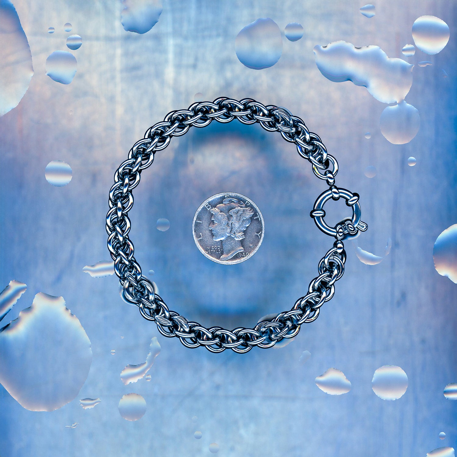 PRODUCT SHOT CLOSEUP SCAN OF TERMINAL CORE BRACELET 304 STAINLESS STEEL CHAIN MAILLE JEWELRY JPL3 MEDIUM WEAVE JENS PIND LINKAGE MEDIUM WEAVE