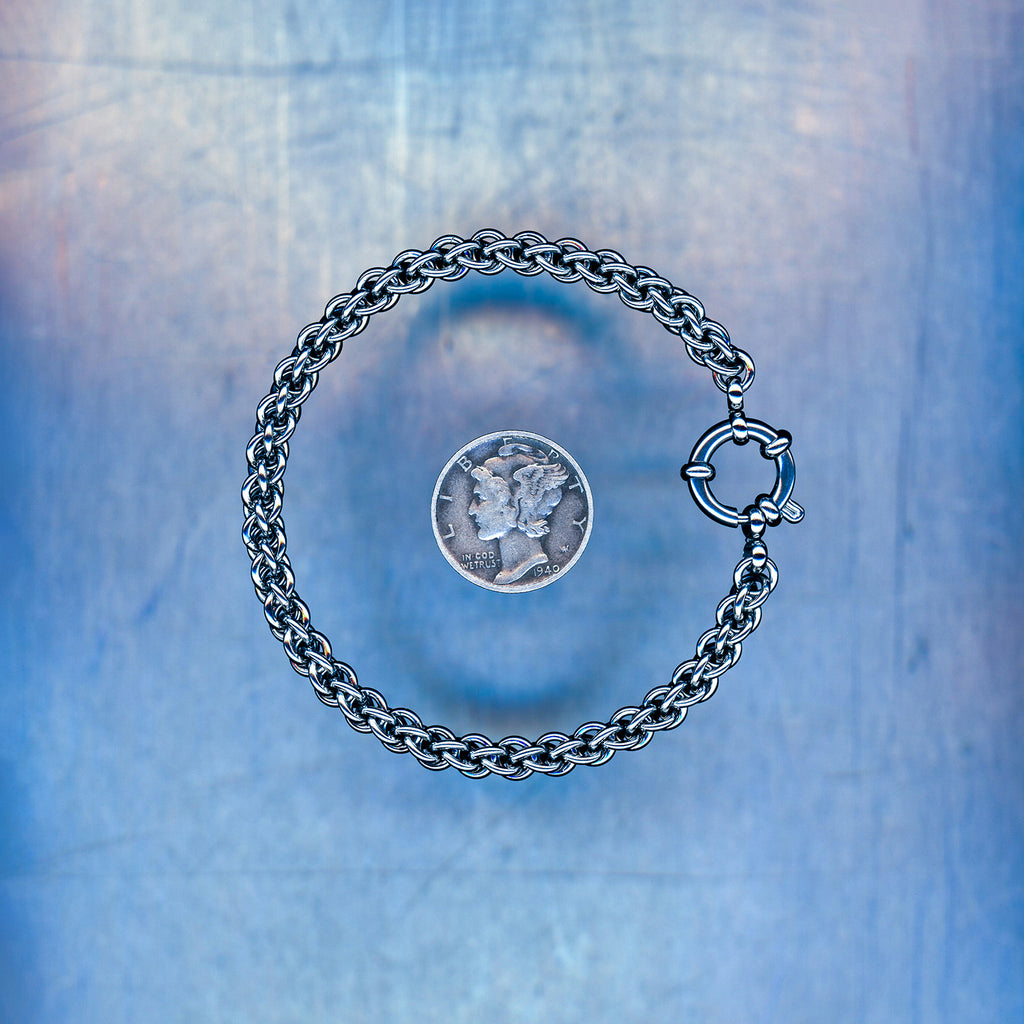 PRODUCT SHOT CLOSEUP SCAN OF TERMINAL LINK BRACELET 304 STAINLESS STEEL CHAIN MAILLE JEWELRY JPL3 WEAVE JENS PIND LINKAGE SMALL WEAVE