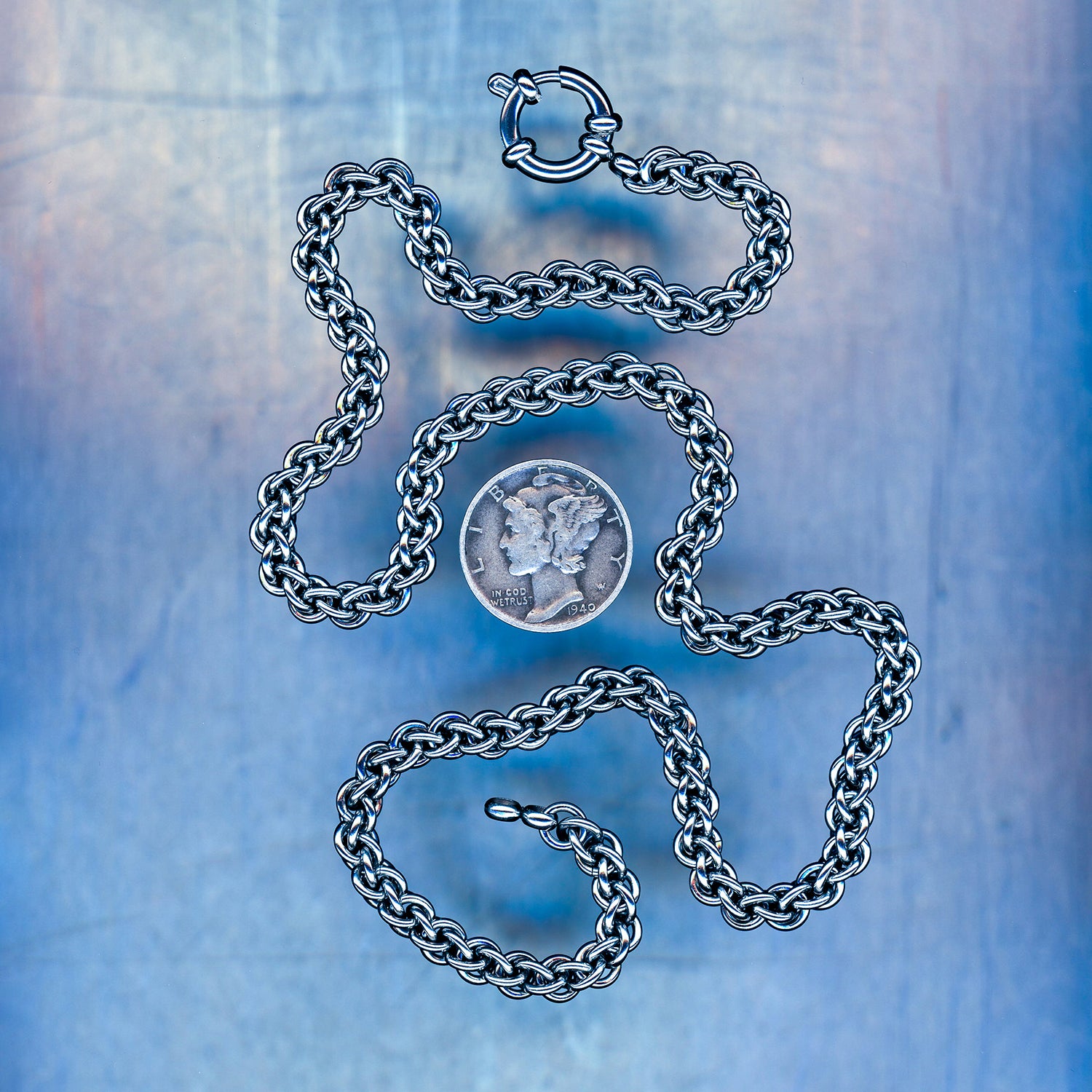 PRODUCT SHOT CLOSEUP SCAN OF TERMINAL LINK NECKLACE 304 STAINLESS STEEL CHAIN MAILLE JEWELRY JPL3 SMALL WEAVE JENS PIND LINKAGE 3 SMALL WEAVE