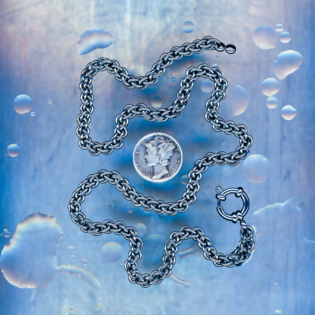 PRODUCT SHOT CLOSEUP SCAN OF TERMINAL LINK NECKLACE 304 STAINLESS STEEL CHAIN MAILLE JEWELRY JPL3 SMALL WEAVE JENS PIND LINKAGE 3 SMALL WEAVE