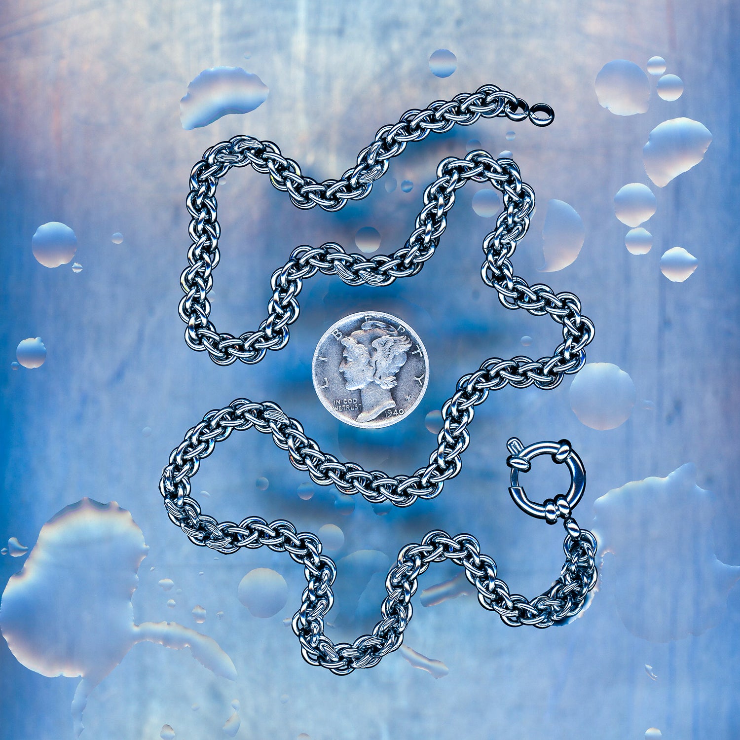 PRODUCT SHOT CLOSEUP SCAN OF TERMINAL LINK NECKLACE 304 STAINLESS STEEL CHAIN MAILLE JEWELRY JPL3 SMALL WEAVE JENS PIND LINKAGE 3 SMALL WEAVE